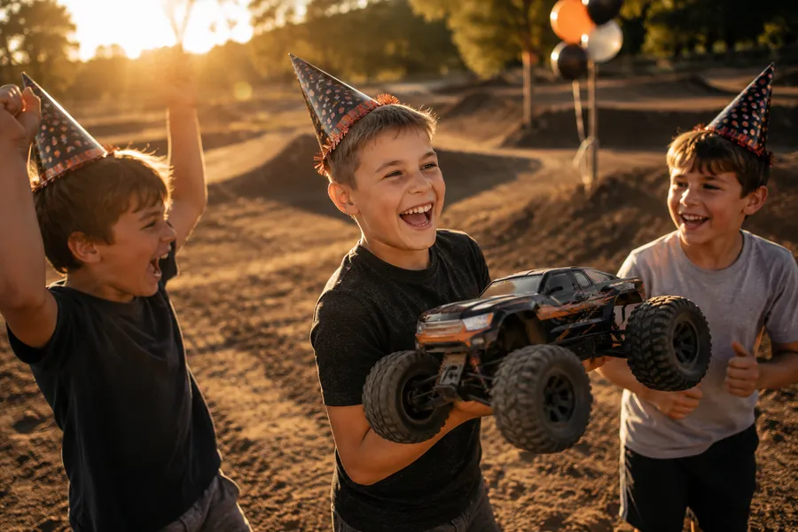 Kids celebrating a birthday party with an RC monster truck at RC World Adventures St. Jacobs